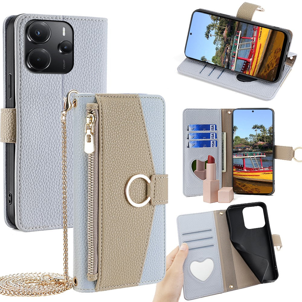 For Xiaomi Redmi Note 14 4G (164.84mm) Case Mirror Wallet Leather Phone Cover with Chain Shoulder Strap