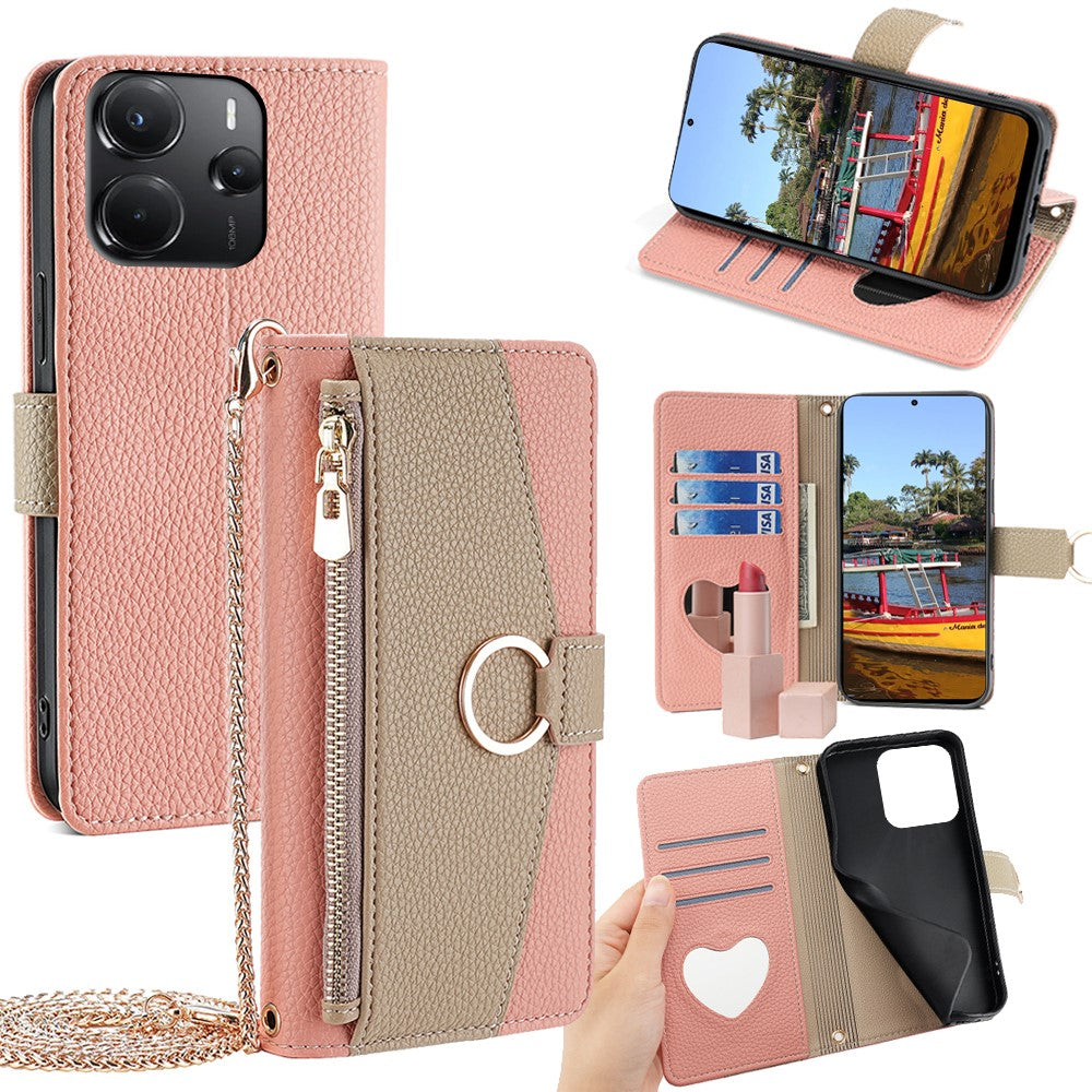 For Xiaomi Redmi Note 14 4G (164.84mm) Case Mirror Wallet Leather Phone Cover with Chain Shoulder Strap