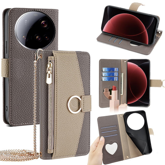 Xiaomi 15 Ultra Handyhülle – Spiegel Brieftasche Leder mit Kettenschultergurt