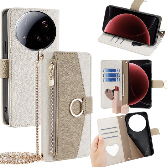 Xiaomi 15 Ultra Handyhülle – Spiegel Brieftasche Leder mit Kettenschultergurt