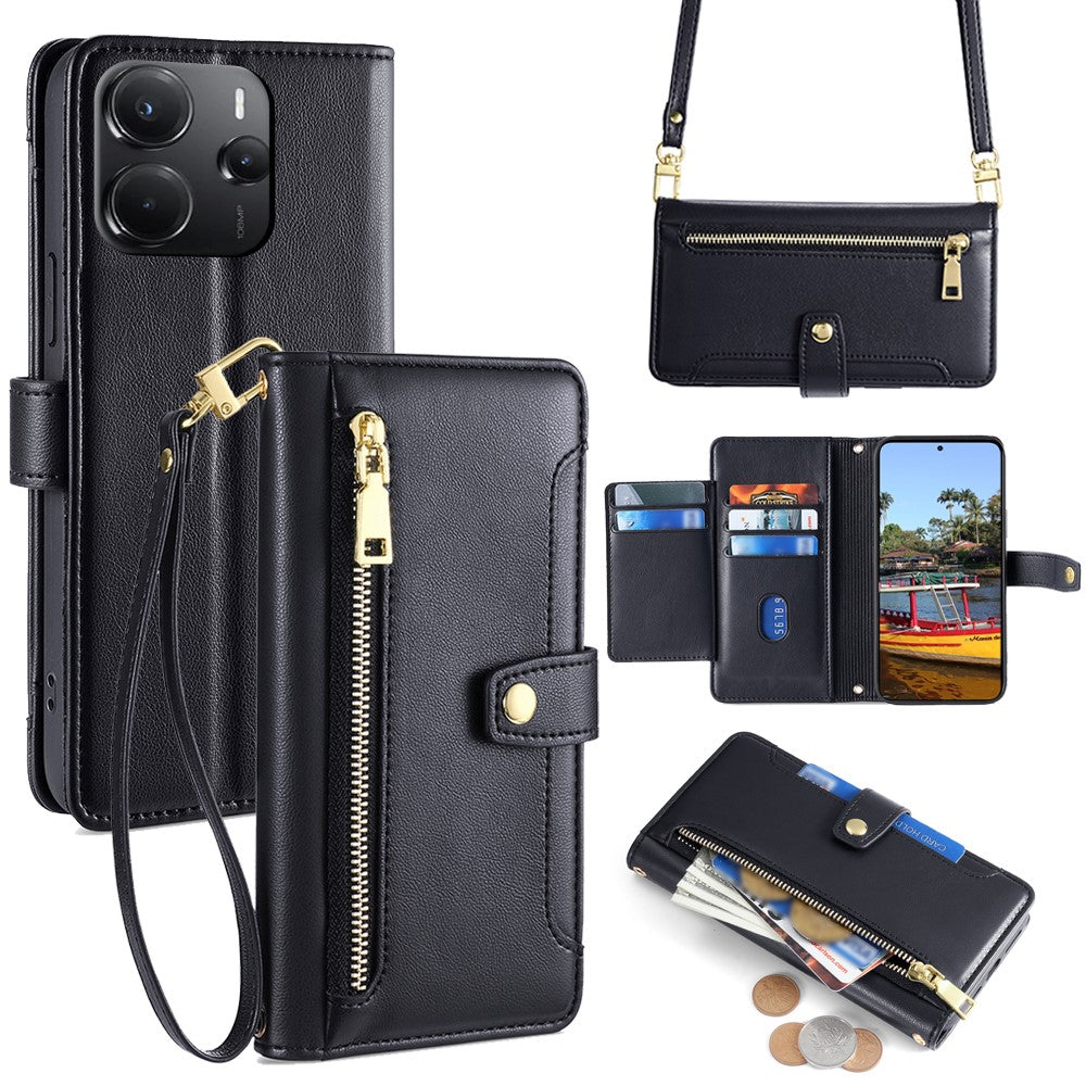 For Xiaomi Redmi Note 14 4G (164.84mm) Leather Case Zipper Pocket Wallet Phone Cover with 2 Straps