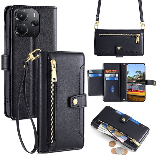 Xiaomi Redmi Note 14 4G (164.84mm) Handyhülle – Ledertasche mit Reißverschlusstasche und 2 Riemen