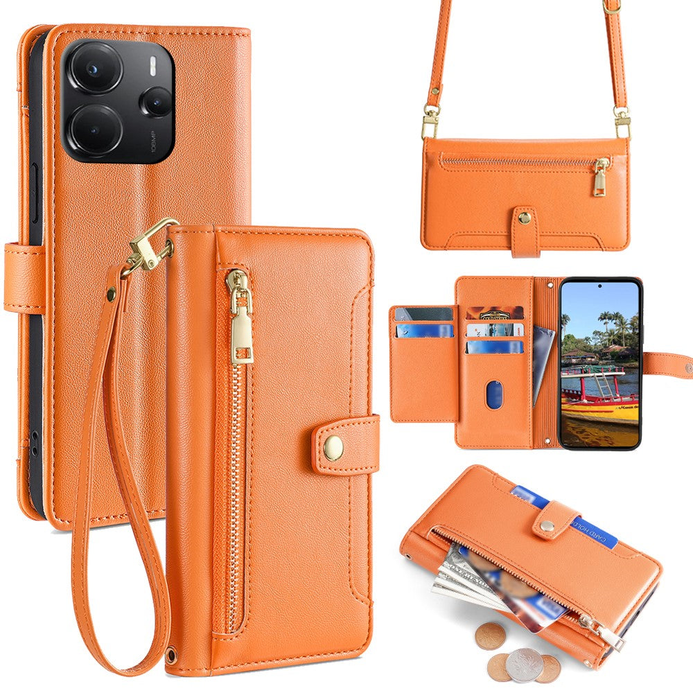 For Xiaomi Redmi Note 14 4G (164.84mm) Leather Case Zipper Pocket Wallet Phone Cover with 2 Straps