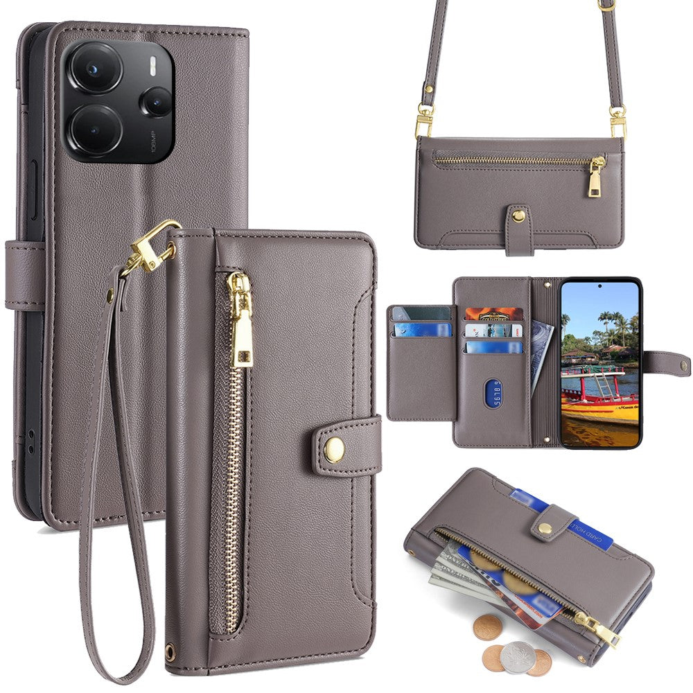 For Xiaomi Redmi Note 14 4G (164.84mm) Leather Case Zipper Pocket Wallet Phone Cover with 2 Straps