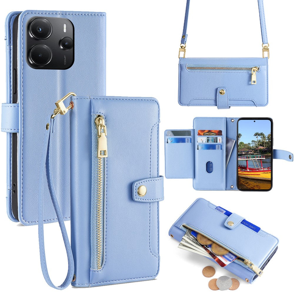 For Xiaomi Redmi Note 14 4G (164.84mm) Leather Case Zipper Pocket Wallet Phone Cover with 2 Straps
