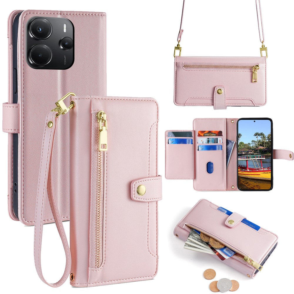 For Xiaomi Redmi Note 14 4G (164.84mm) Leather Case Zipper Pocket Wallet Phone Cover with 2 Straps
