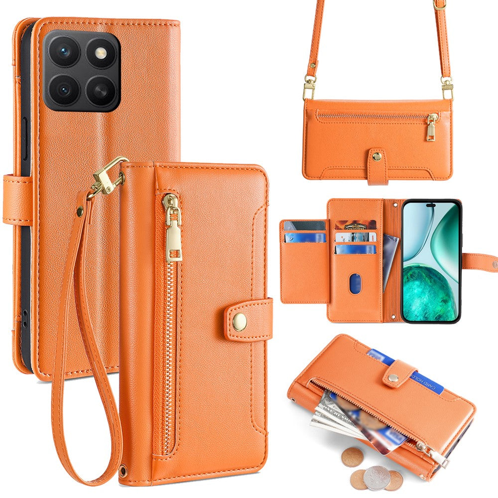For Honor X8c 4G Leather Case Zipper Pocket Wallet Phone Cover with 2 Straps