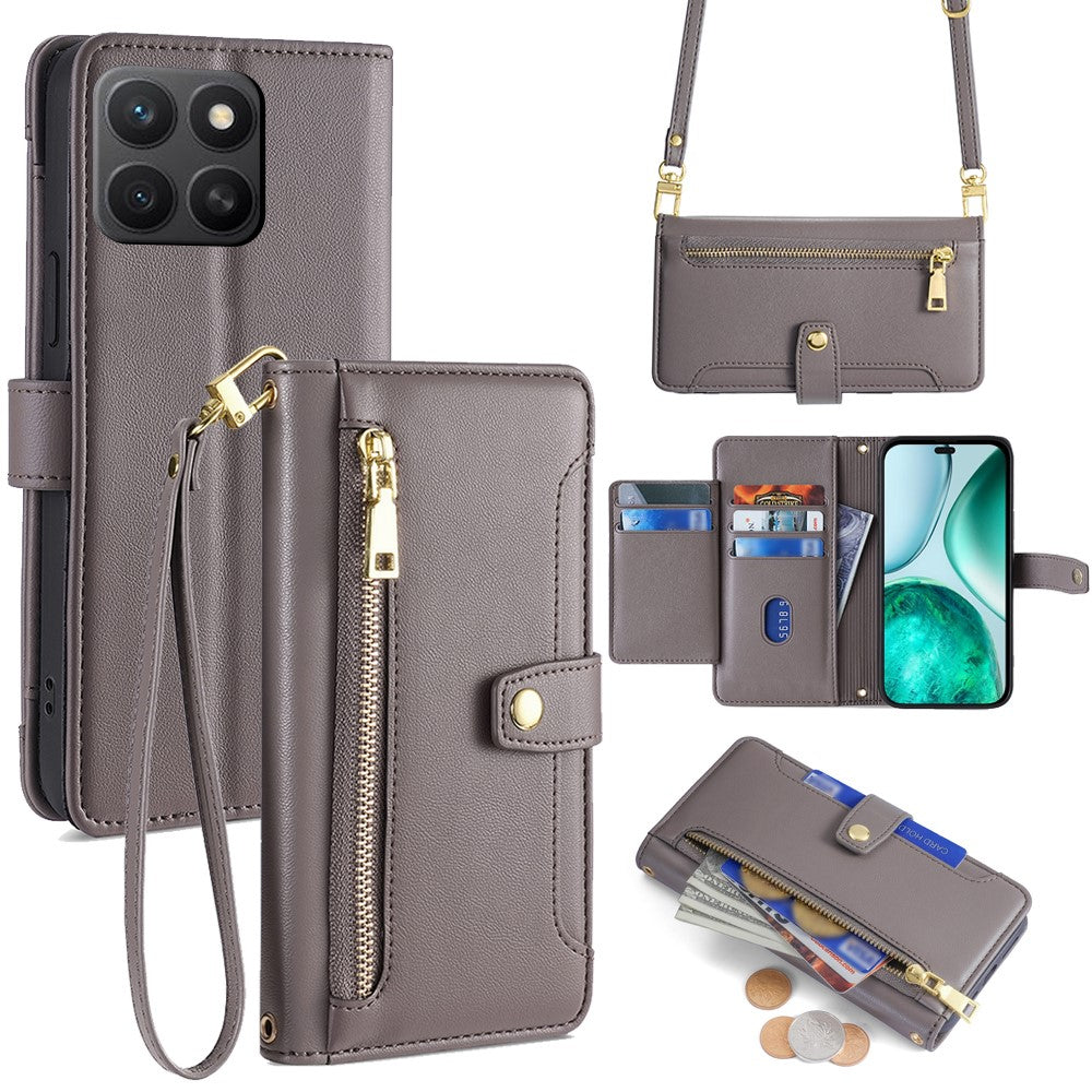 For Honor X8c 4G Leather Case Zipper Pocket Wallet Phone Cover with 2 Straps