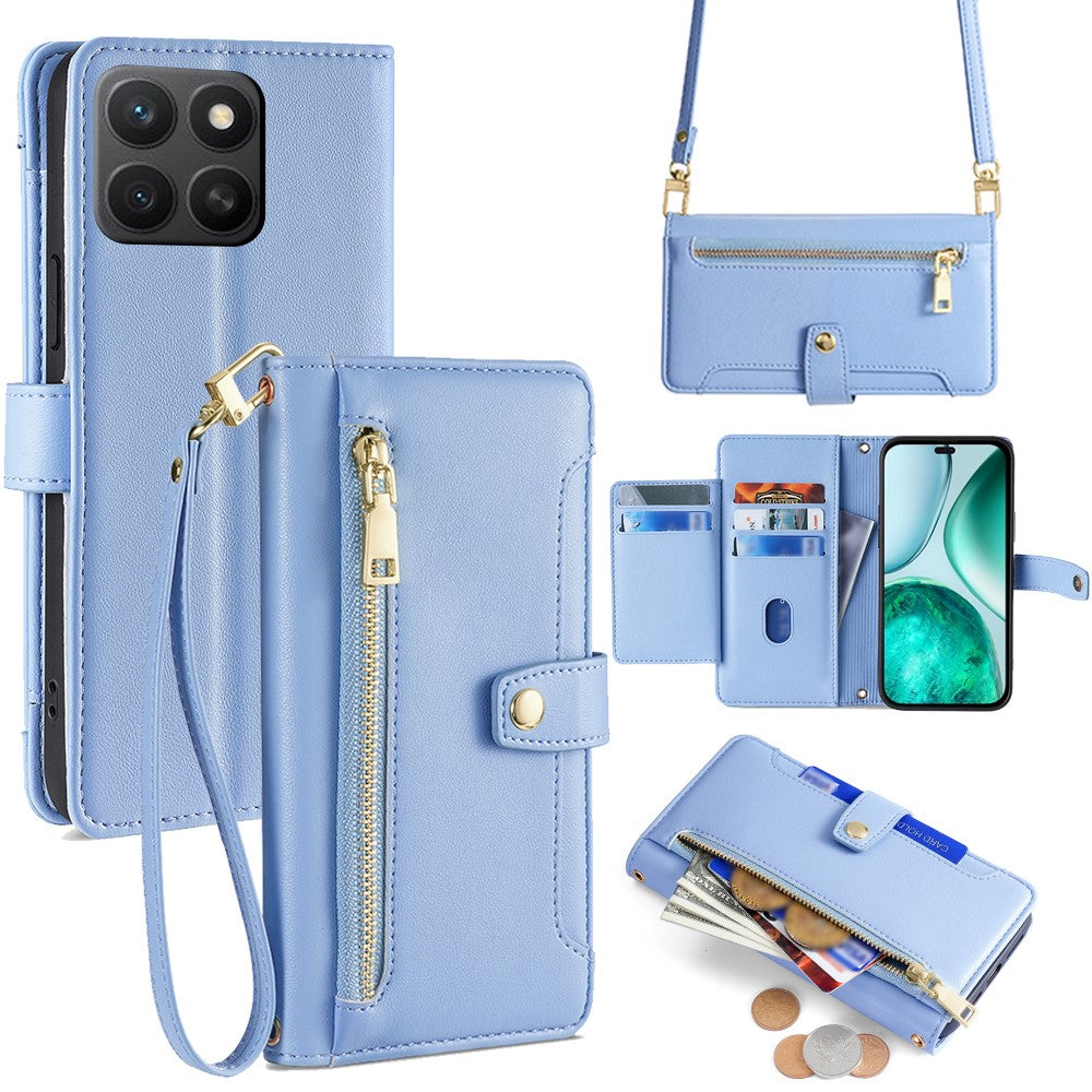 For Honor X8c 4G Leather Case Zipper Pocket Wallet Phone Cover with 2 Straps