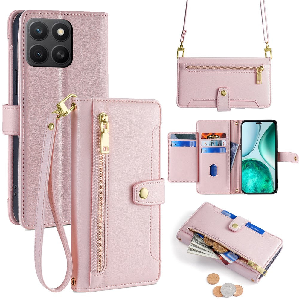 For Honor X8c 4G Leather Case Zipper Pocket Wallet Phone Cover with 2 Straps