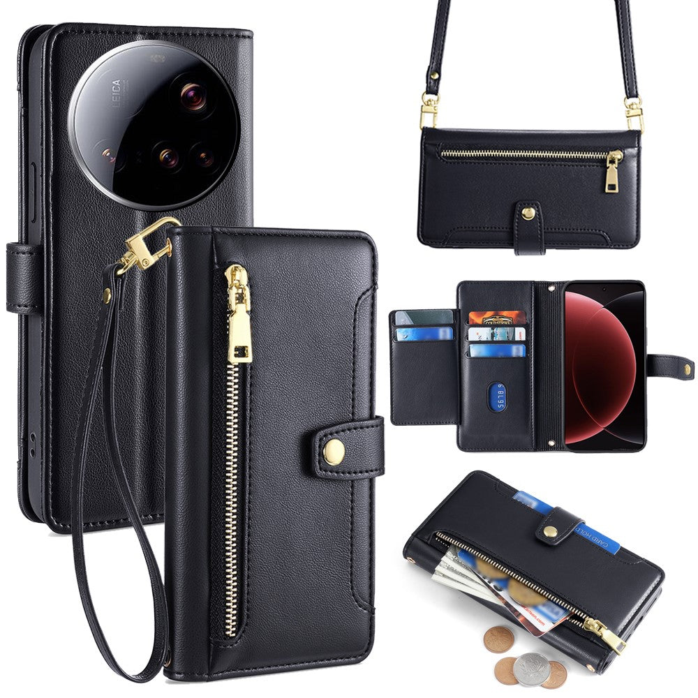 For Xiaomi 15 Ultra Leather Case Zipper Pocket Wallet Phone Cover with 2 Straps