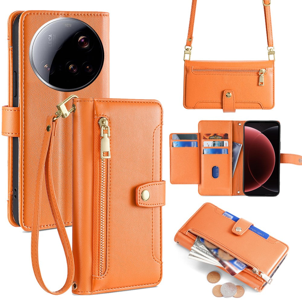 For Xiaomi 15 Ultra Leather Case Zipper Pocket Wallet Phone Cover with 2 Straps