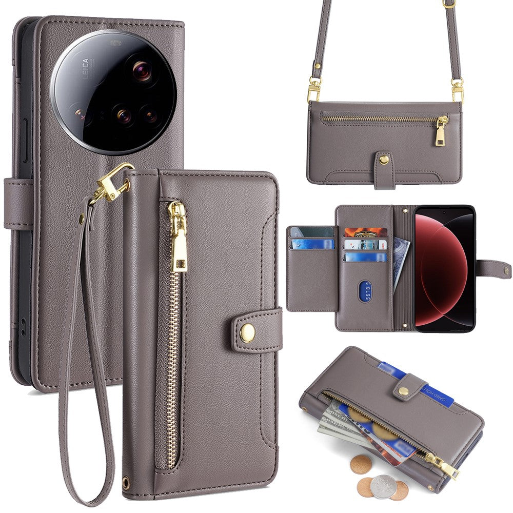 For Xiaomi 15 Ultra Leather Case Zipper Pocket Wallet Phone Cover with 2 Straps