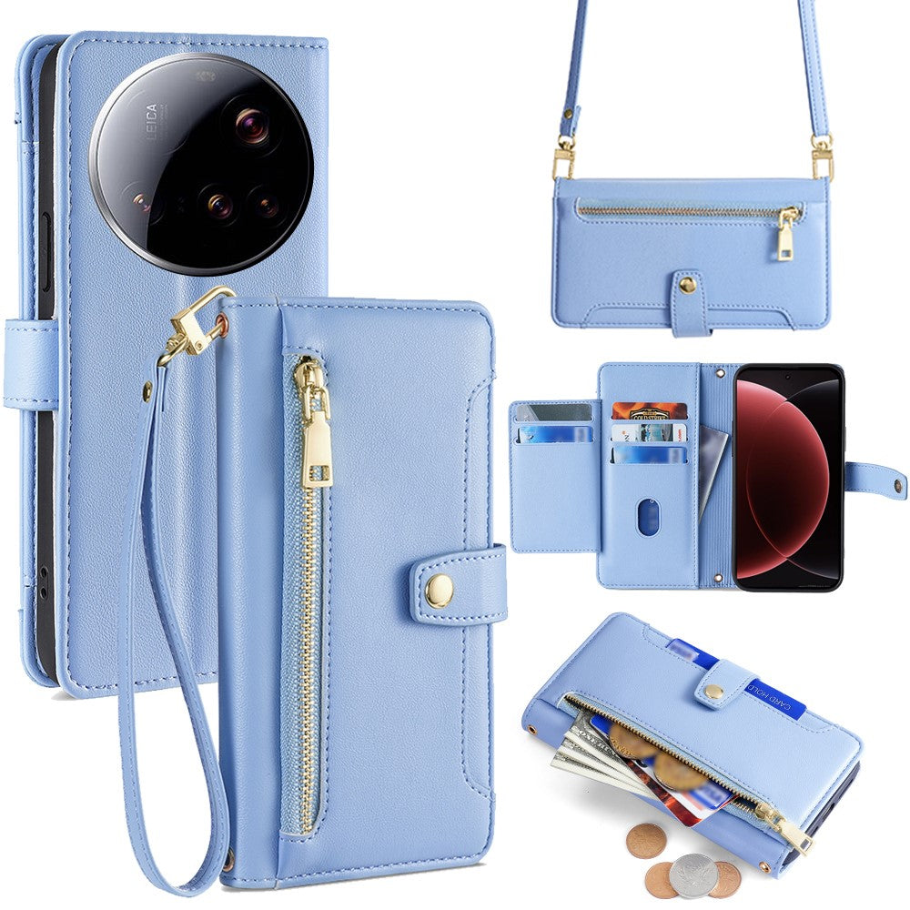 For Xiaomi 15 Ultra Leather Case Zipper Pocket Wallet Phone Cover with 2 Straps