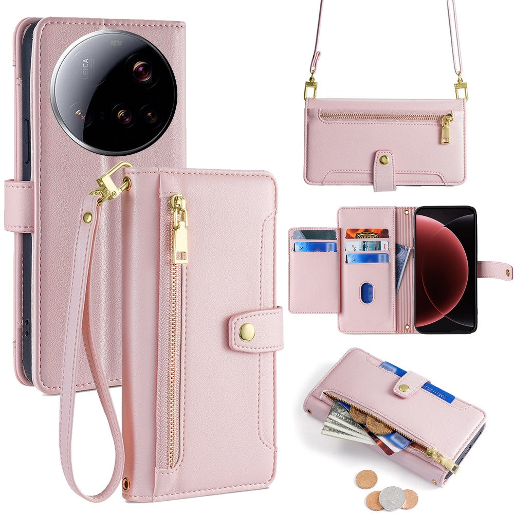 For Xiaomi 15 Ultra Leather Case Zipper Pocket Wallet Phone Cover with 2 Straps