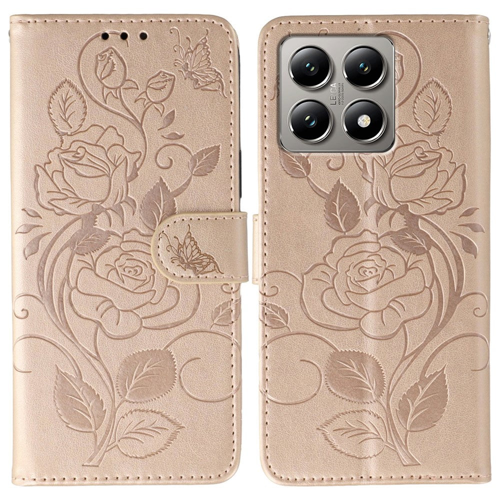 For Xiaomi 14T Pro Case Wallet Stand Imprinted Rose Butterfly PU Leather Phone Cover