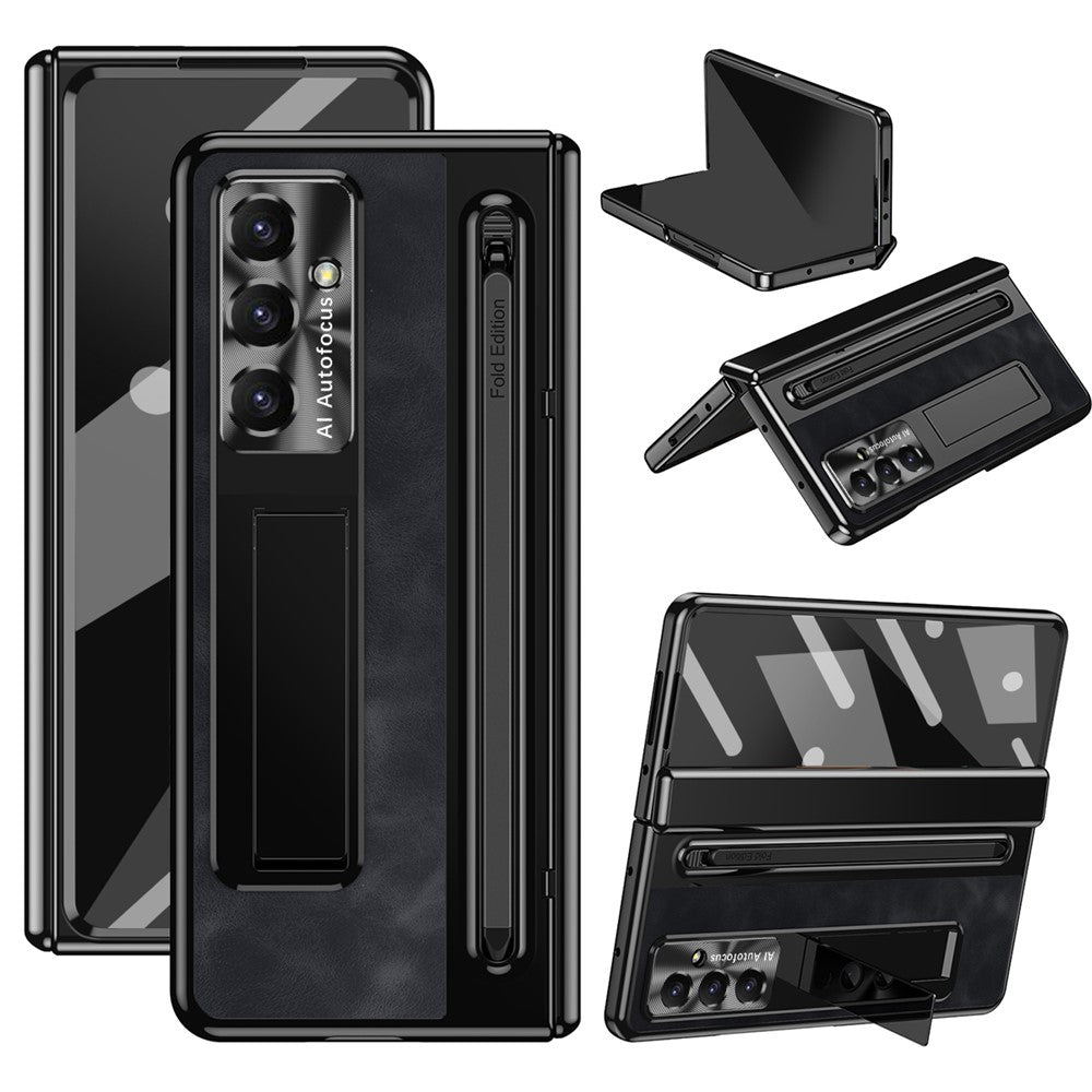 For Samsung Galaxy Z Fold7 5G Case Pen Slot Leather + PC Kickstand Phone Cover with Tempered Glass Film, Stylus
