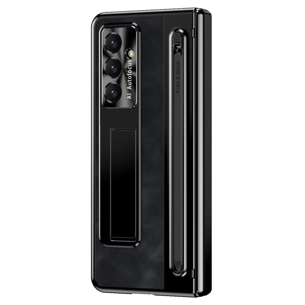 For Samsung Galaxy Z Fold7 5G Case Pen Slot Leather + PC Kickstand Phone Cover with Tempered Glass Film, Stylus