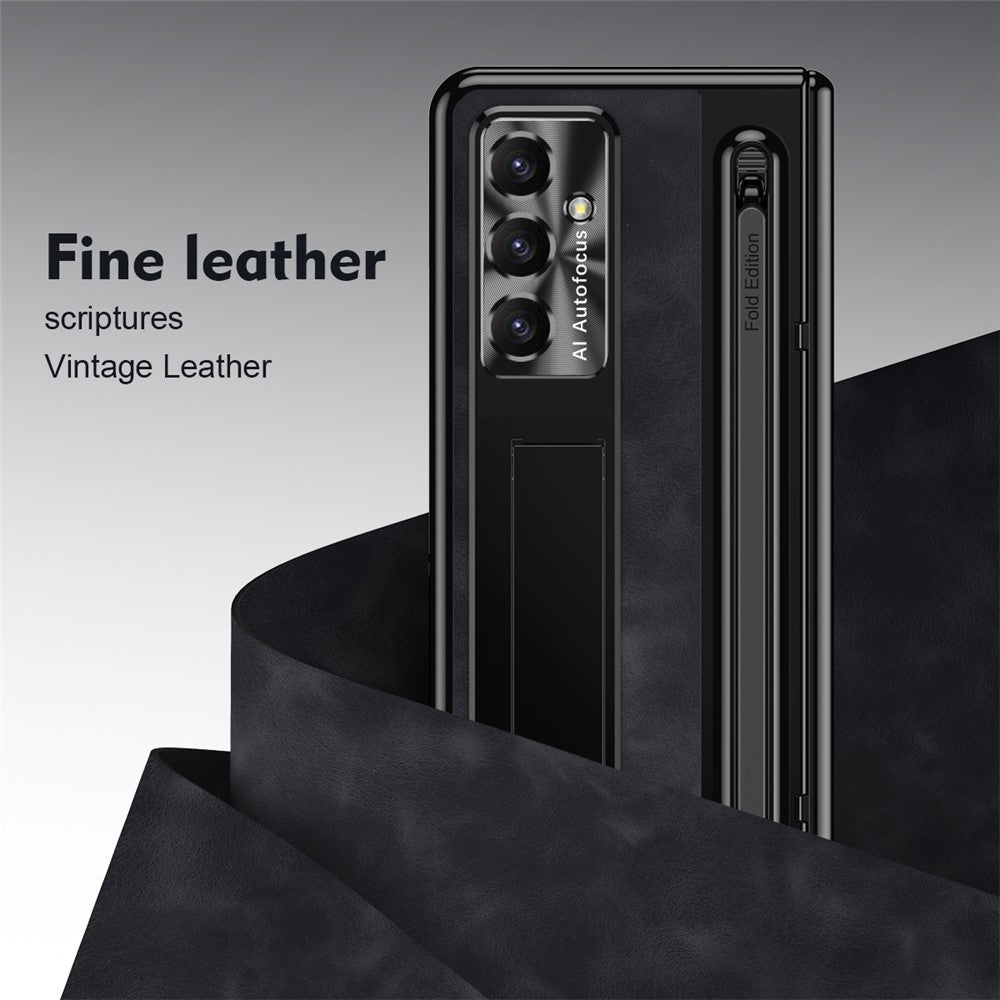 For Samsung Galaxy Z Fold7 5G Case Pen Slot Leather + PC Kickstand Phone Cover with Tempered Glass Film, Stylus