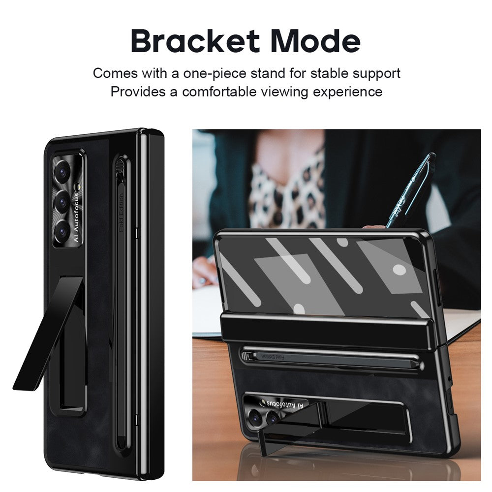 For Samsung Galaxy Z Fold7 5G Case Pen Slot Leather + PC Kickstand Phone Cover with Tempered Glass Film, Stylus