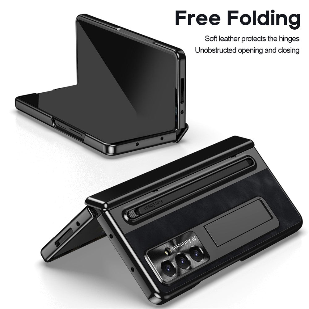 For Samsung Galaxy Z Fold7 5G Case Pen Slot Leather + PC Kickstand Phone Cover with Tempered Glass Film, Stylus