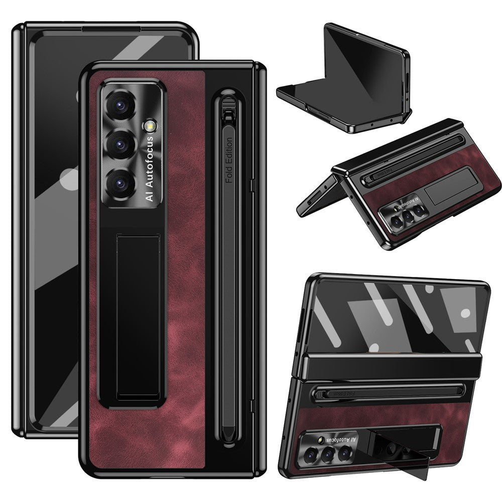 For Samsung Galaxy Z Fold7 5G Case Pen Slot Leather + PC Kickstand Phone Cover with Tempered Glass Film, Stylus