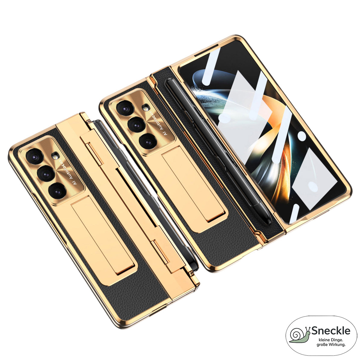 Galaxy Z Fold7 Lederhülle mit Ständer – Mit Panzerglas & Stylus-Halterung