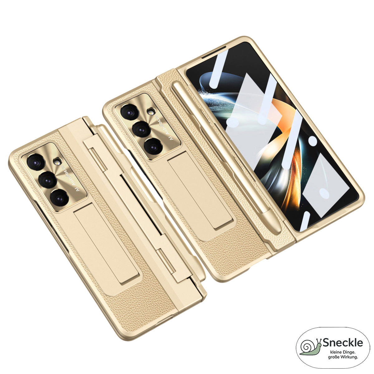 Galaxy Z Fold7 Lederhülle mit Ständer – Mit Panzerglas & Stylus-Halterung