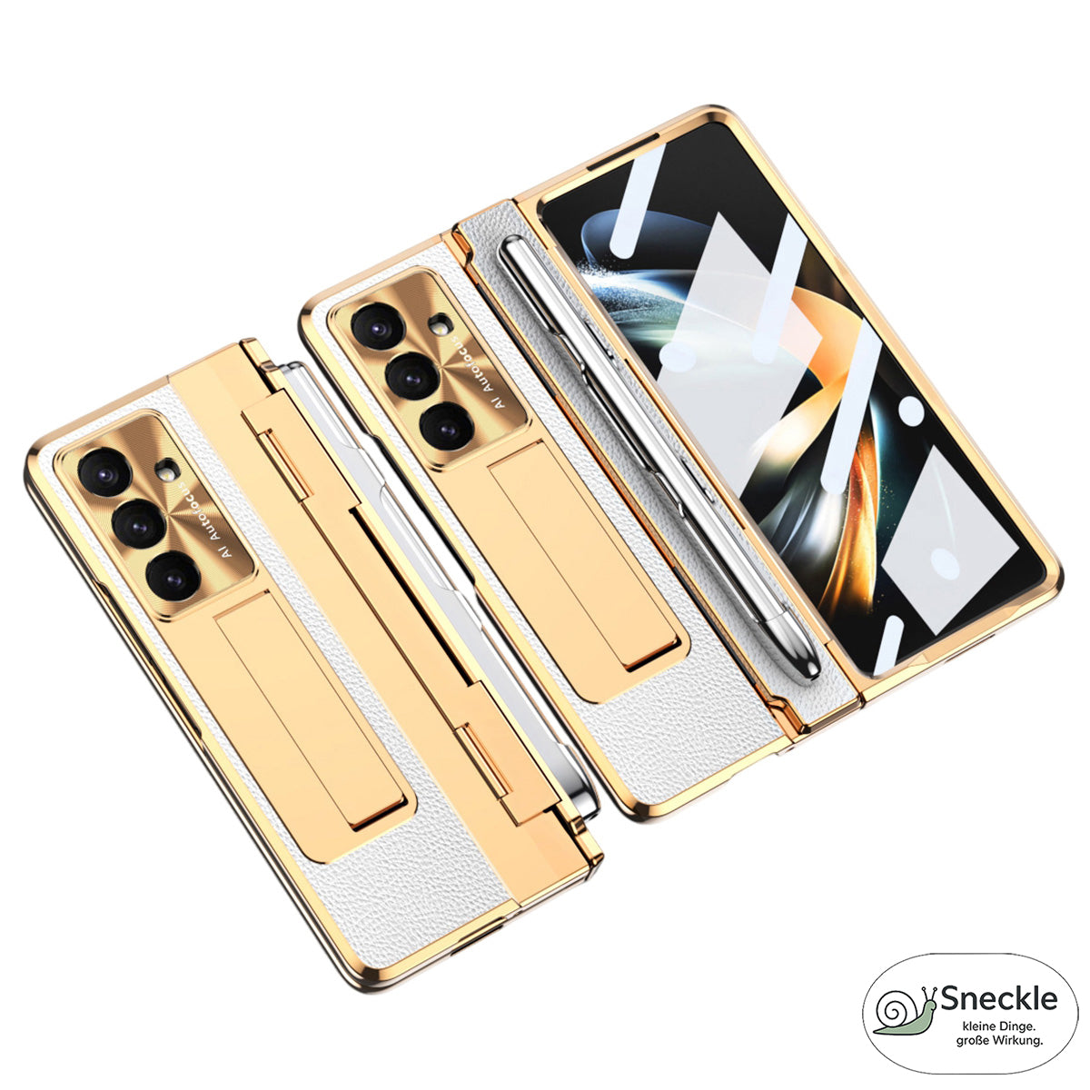Galaxy Z Fold7 Lederhülle mit Ständer – Mit Panzerglas & Stylus-Halterung
