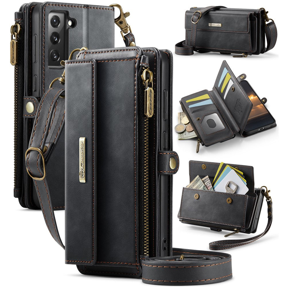 Galaxy S21 FE 5G Wallet-Hülle – Mit RFID-blockierende Reißverschluss-Brieftasche, Ständer & Riemen