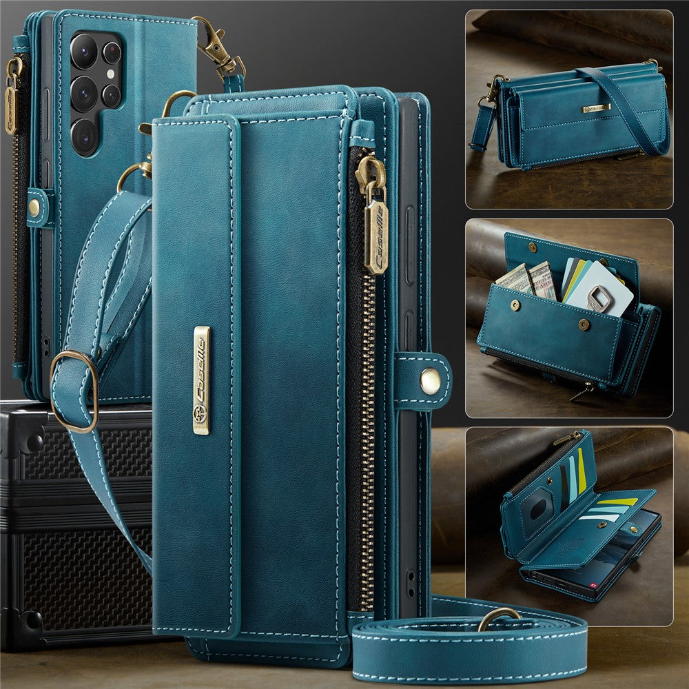 Galaxy S22 Ultra 5G Wallet-Hülle – Mit RFID-blockierende Reißverschluss-Brieftasche, Ständer & Riemen