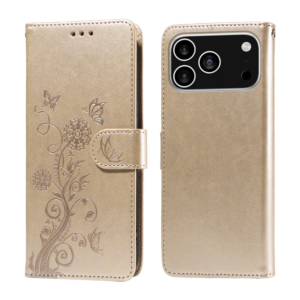 For iPhone 18 Pro / 17 Pro Leather Case Butterfly Floral Imprint Wallet Stand Cover