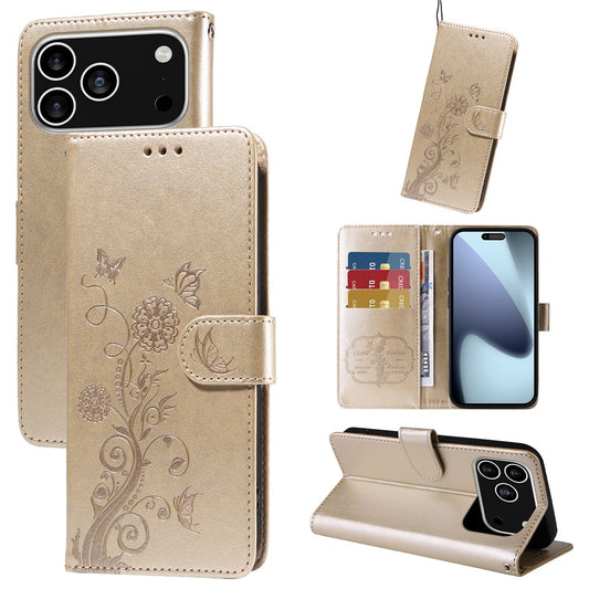 For iPhone 18 Pro / 17 Pro Leather Case Butterfly Floral Imprint Wallet Stand Cover