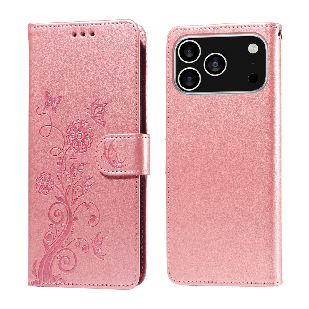 For iPhone 18 Pro / 17 Pro Leather Case Butterfly Floral Imprint Wallet Stand Cover