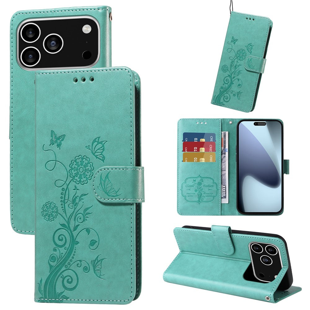 For iPhone 18 Pro / 17 Pro Leather Case Butterfly Floral Imprint Wallet Stand Cover
