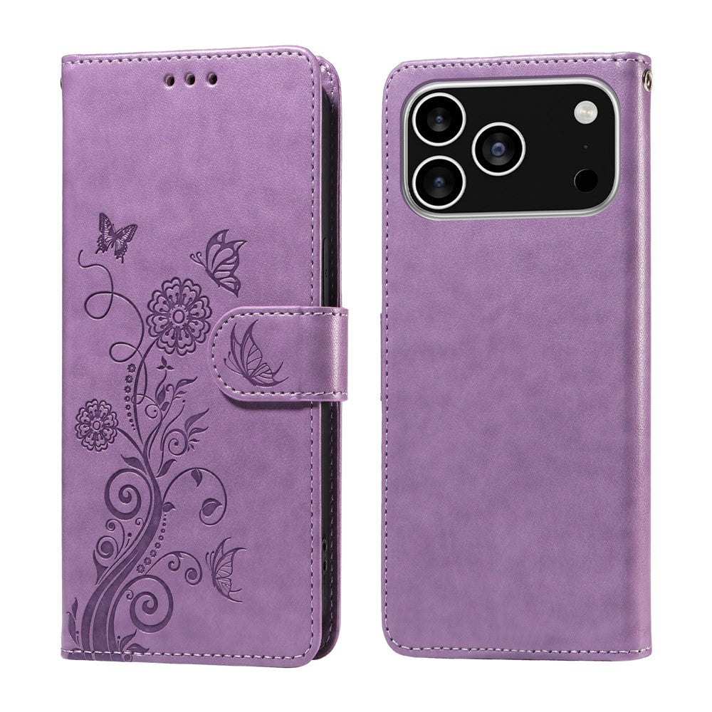 For iPhone 18 Pro / 17 Pro Leather Case Butterfly Floral Imprint Wallet Stand Cover