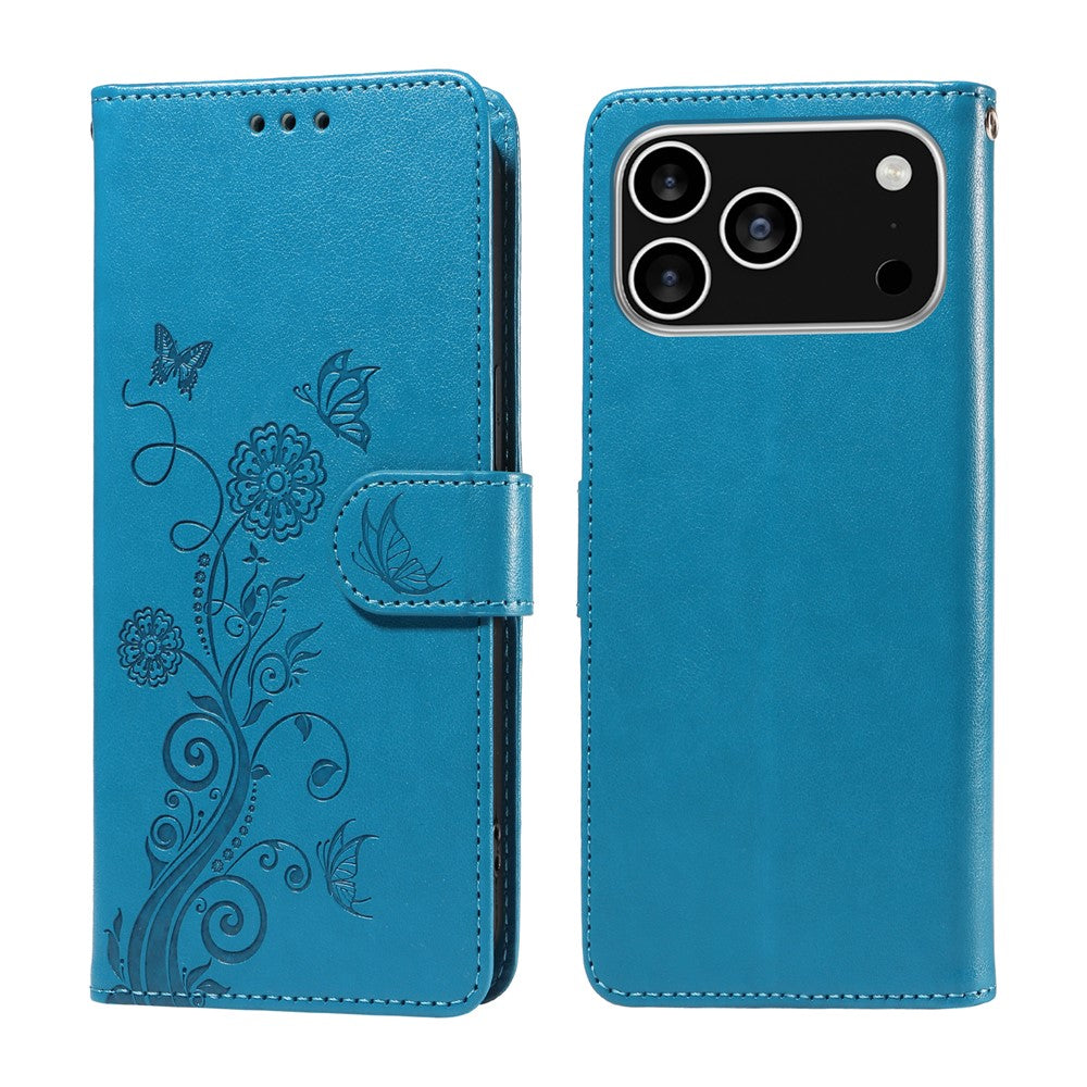 For iPhone 18 Pro / 17 Pro Leather Case Butterfly Floral Imprint Wallet Stand Cover