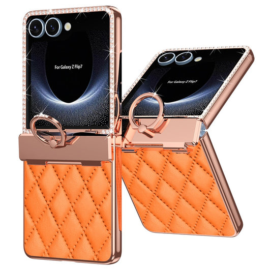 Galaxy Z Flip7 5G Luxus-Hülle – Lederoptik mit Ring & Strass