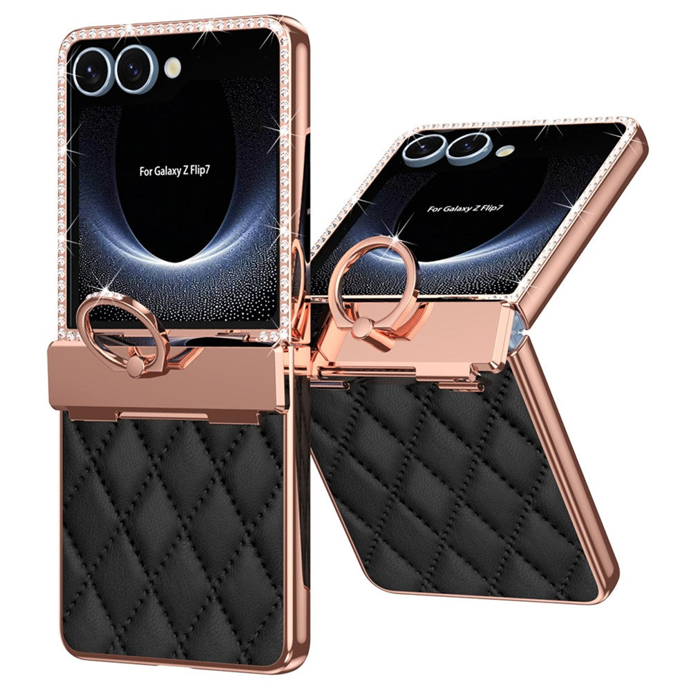 Galaxy Z Flip7 5G Luxus-Hülle – Lederoptik mit Ring & Strass