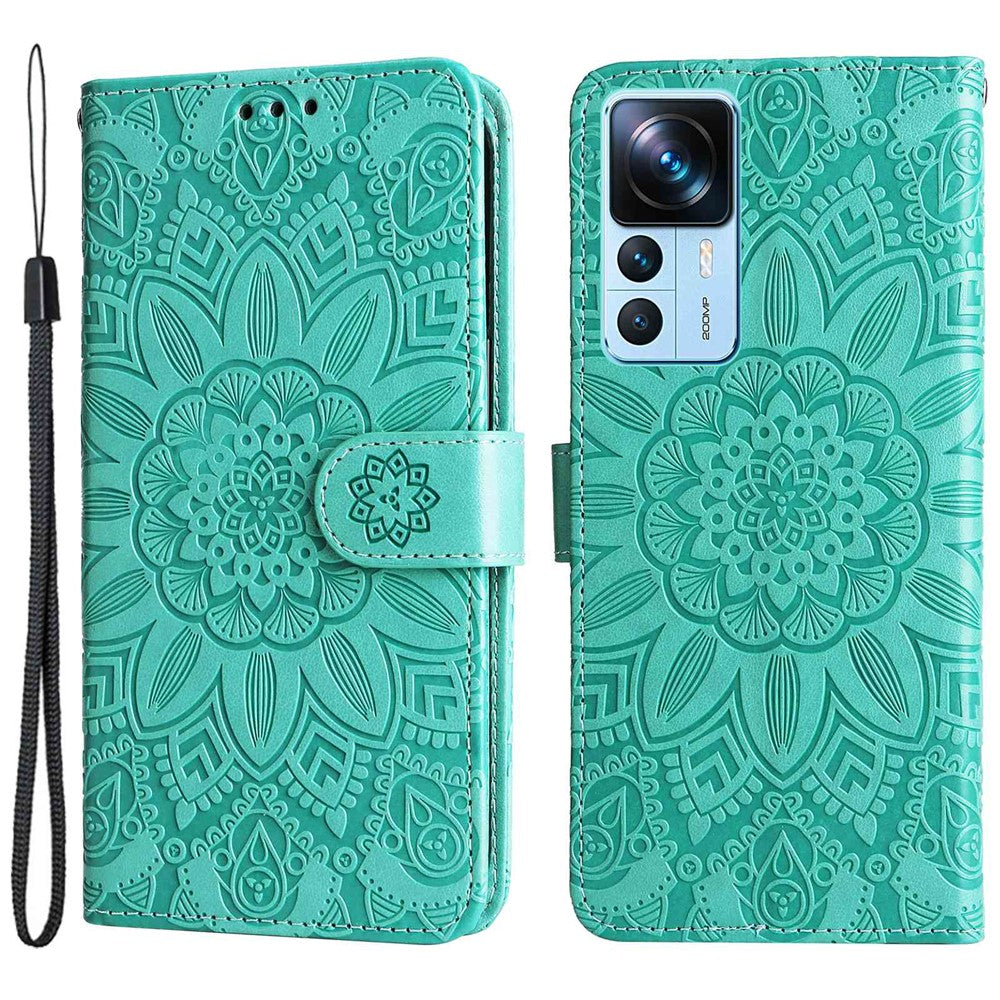 For Xiaomi 12T 5G / Redmi K50 Ultra 5G / 12T Pro 5G PU Leather Sunflower Imprinted Stand Phone Case Magnetic Closure Cover with Hand Strap