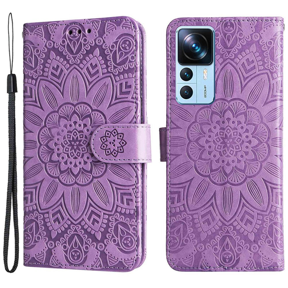 For Xiaomi 12T 5G / Redmi K50 Ultra 5G / 12T Pro 5G PU Leather Sunflower Imprinted Stand Phone Case Magnetic Closure Cover with Hand Strap