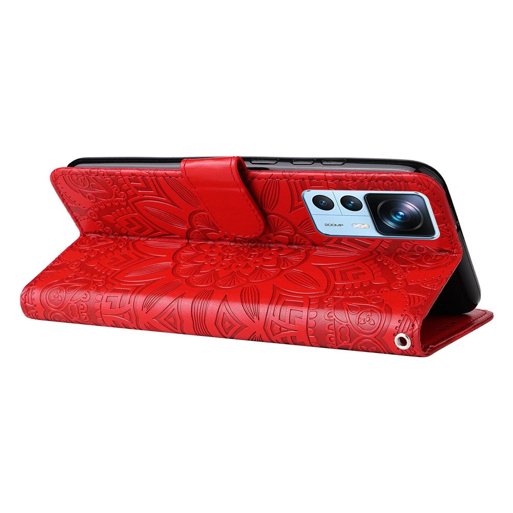 For Xiaomi 12T 5G / Redmi K50 Ultra 5G / 12T Pro 5G PU Leather Sunflower Imprinted Stand Phone Case Magnetic Closure Cover with Hand Strap