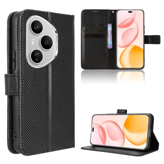 Honor 400 Pro 5G (Global) Handyhülle – Leder-Brieftaschenetui mit Riemen und Diamant-Textur