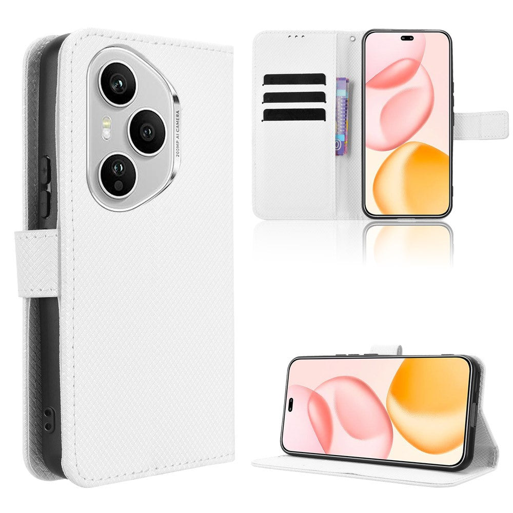 For Honor 400 Pro 5G (Global) Leather Wallet Case with Strap Diamond Texture Phone Cover