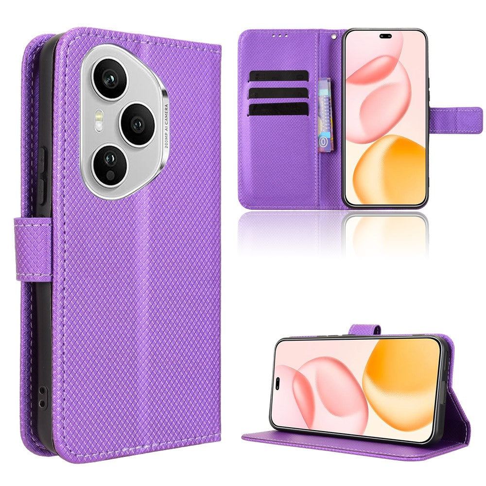 For Honor 400 Pro 5G (Global) Leather Wallet Case with Strap Diamond Texture Phone Cover