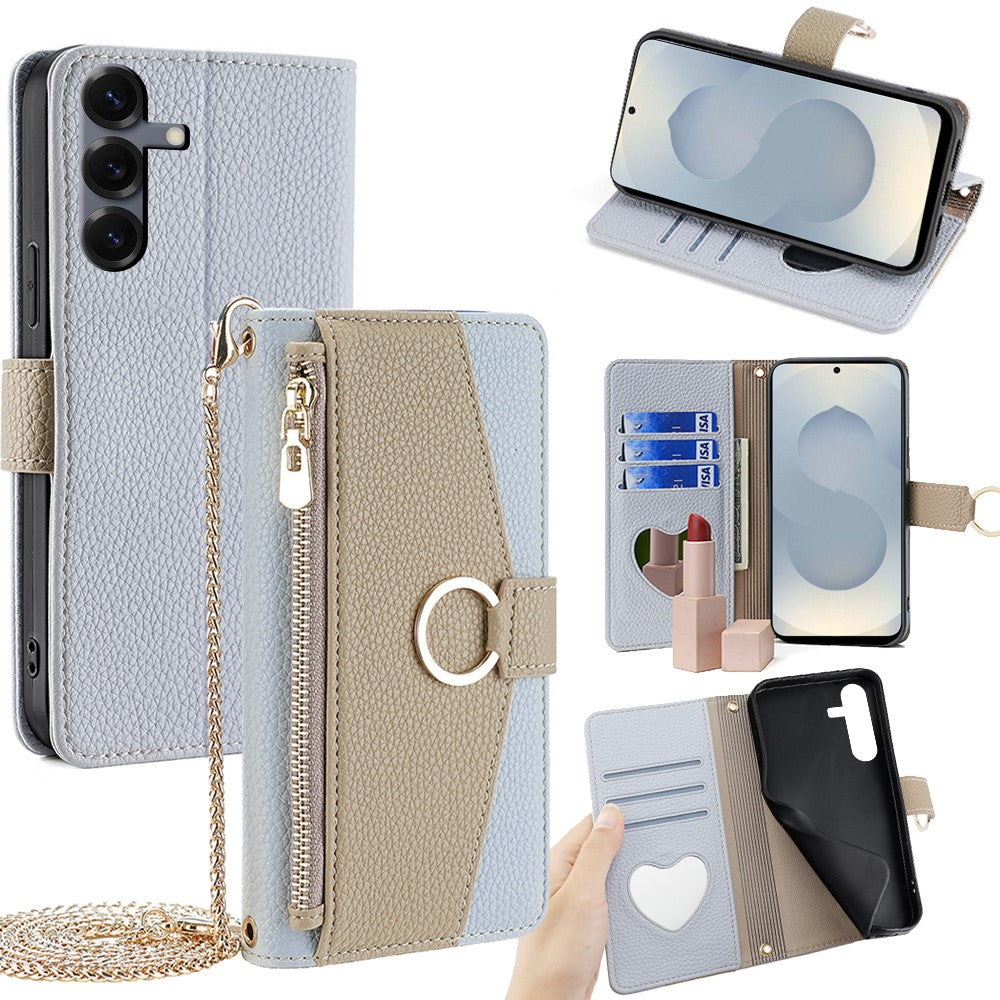 Galaxy S25 Wallet-Hülle – Litschi-Textur, mit Spiegel & Kettenschultergurt