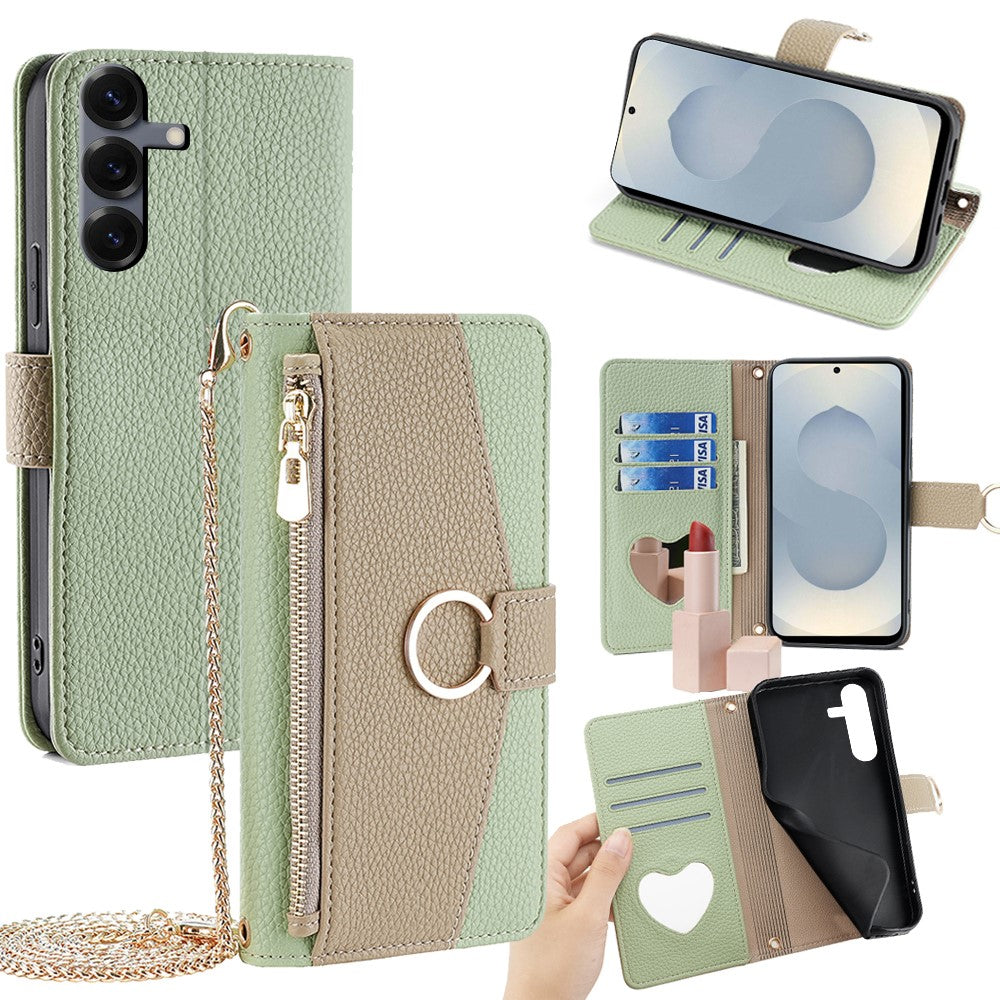 Galaxy S25 Wallet-Hülle – Litschi-Textur, mit Spiegel & Kettenschultergurt
