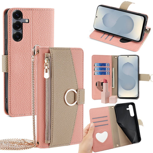 Galaxy S25 Plus Wallet-Hülle – Litschi-Textur, mit Spiegel & Kettenschultergurt