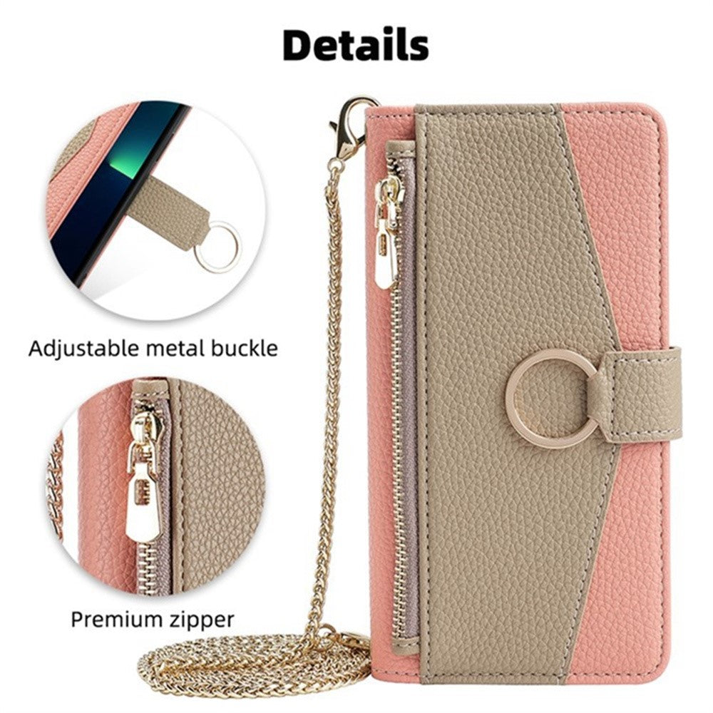 Galaxy S25 Plus Wallet-Hülle – Litschi-Textur, mit Spiegel & Kettenschultergurt