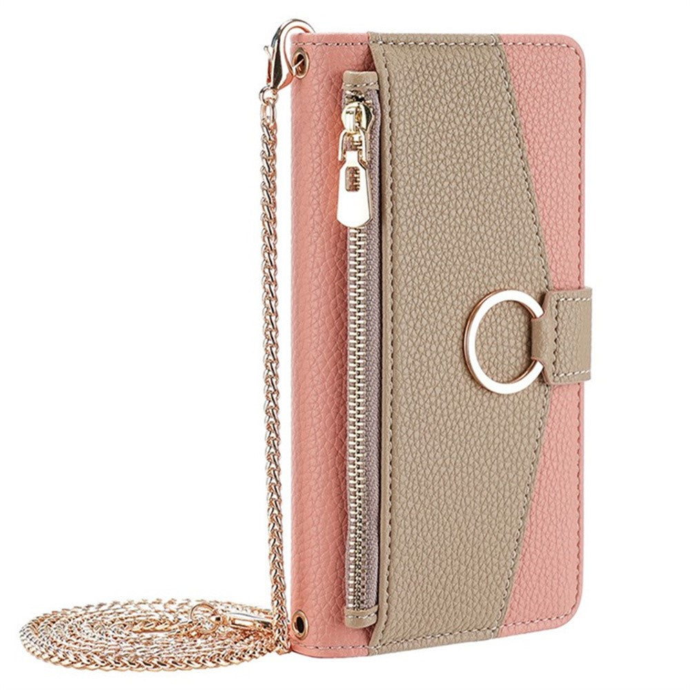 Galaxy S25 Plus Wallet-Hülle – Litschi-Textur, mit Spiegel & Kettenschultergurt
